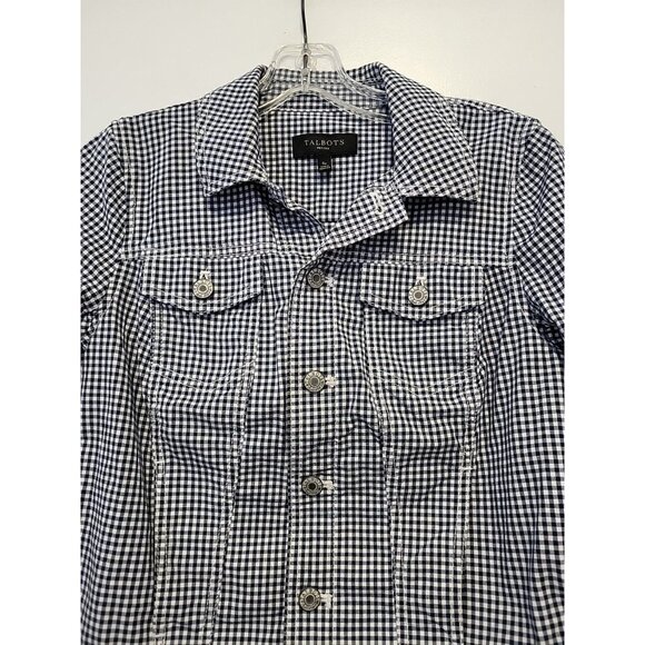 Talbots Women's Classic Jean Jacket Gingham Blue White Check  Size PS - Picture 3 of 10